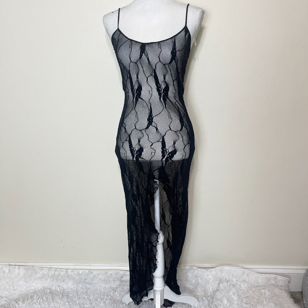 Leg Avenue Butterfly‎ Lace Long Gown 100% Nylon With Slit Black Stretch One Size